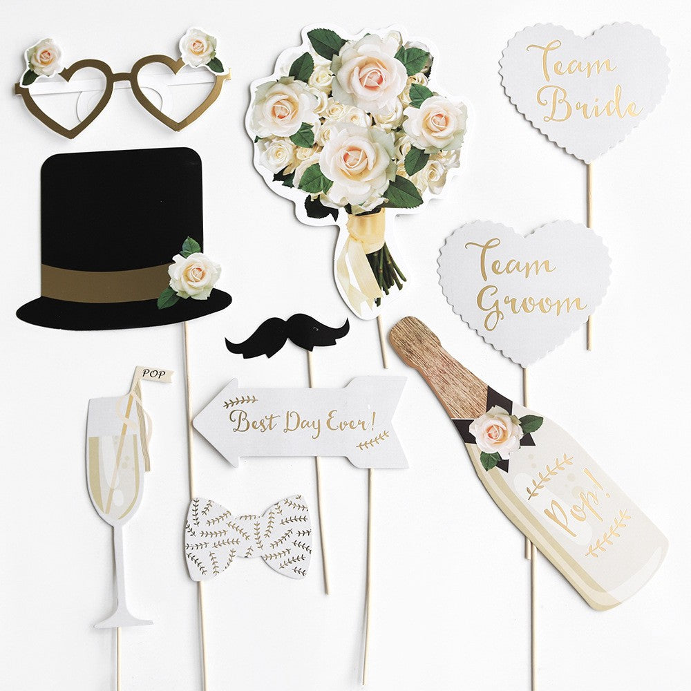Set 10 Accesorii pentru Petrecere, Props pentru Coltul de Poze, Model Mire si Mireasa, Tematica Nunta, Multicolor