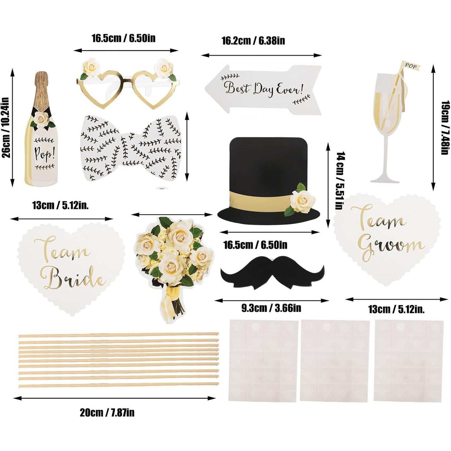 Set 10 Accesorii pentru Petrecere, Props pentru Coltul de Poze, Model Mire si Mireasa, Tematica Nunta, Multicolor