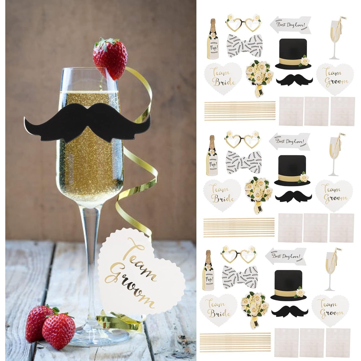 Set 10 Accesorii pentru Petrecere, Props pentru Coltul de Poze, Model Mire si Mireasa, Tematica Nunta, Multicolor