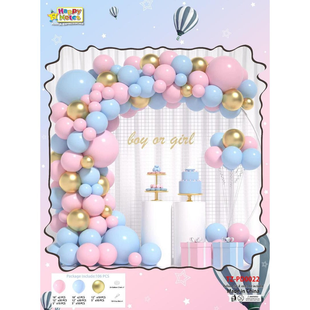 Baloane decorative pentru BABY SHOWER, Arcada Set 106 baloane din latex, Model Petrecere, Baloane Party, 12 cm, 30 cm, 45 cm, Roz, Albastru, Gold
