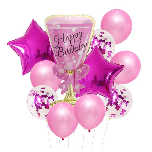 Set baloane Happy Birthday, set din 11 bucati, Balon Pahar 93 cm, 2 baloane stea 45 cm, 5 baloane latex 30 cm, 3 baloane cu paiete 30 cm, Mov