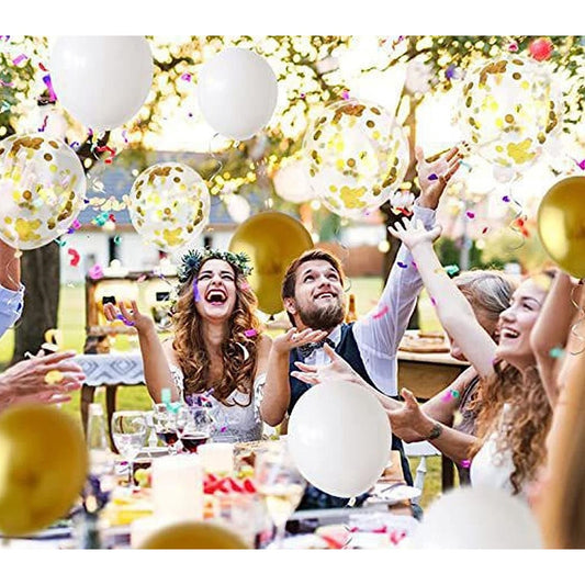 Set 12 Baloane din Folie Metalizata si din Latex, Model Mr Mrs, Tema Nunta, Baloane Party cu Confetti, 45 cm, 30 cm, Pai inclus, Umflare cu Aer sau Heliu, Alb/Auriu