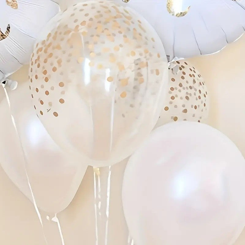Set 12 Baloane din Folie Metalizata si din Latex, Model Mr Mrs, Tema Nunta, Baloane Party cu Confetti, 45 cm, 30 cm, Pai inclus, Umflare cu Aer sau Heliu, Alb/Auriu