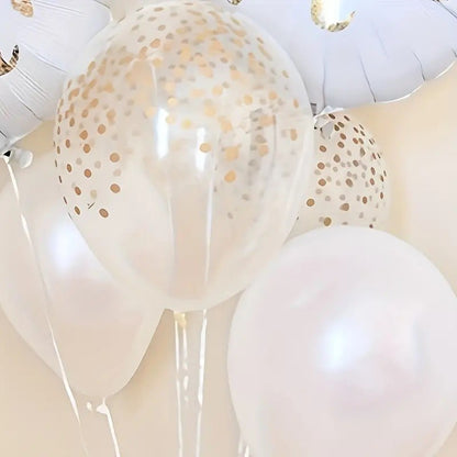 Set 12 Baloane din Folie Metalizata si din Latex, Model Mr Mrs, Tema Nunta, Baloane Party cu Confetti, 45 cm, 30 cm, Pai inclus, Umflare cu Aer sau Heliu, Alb/Auriu