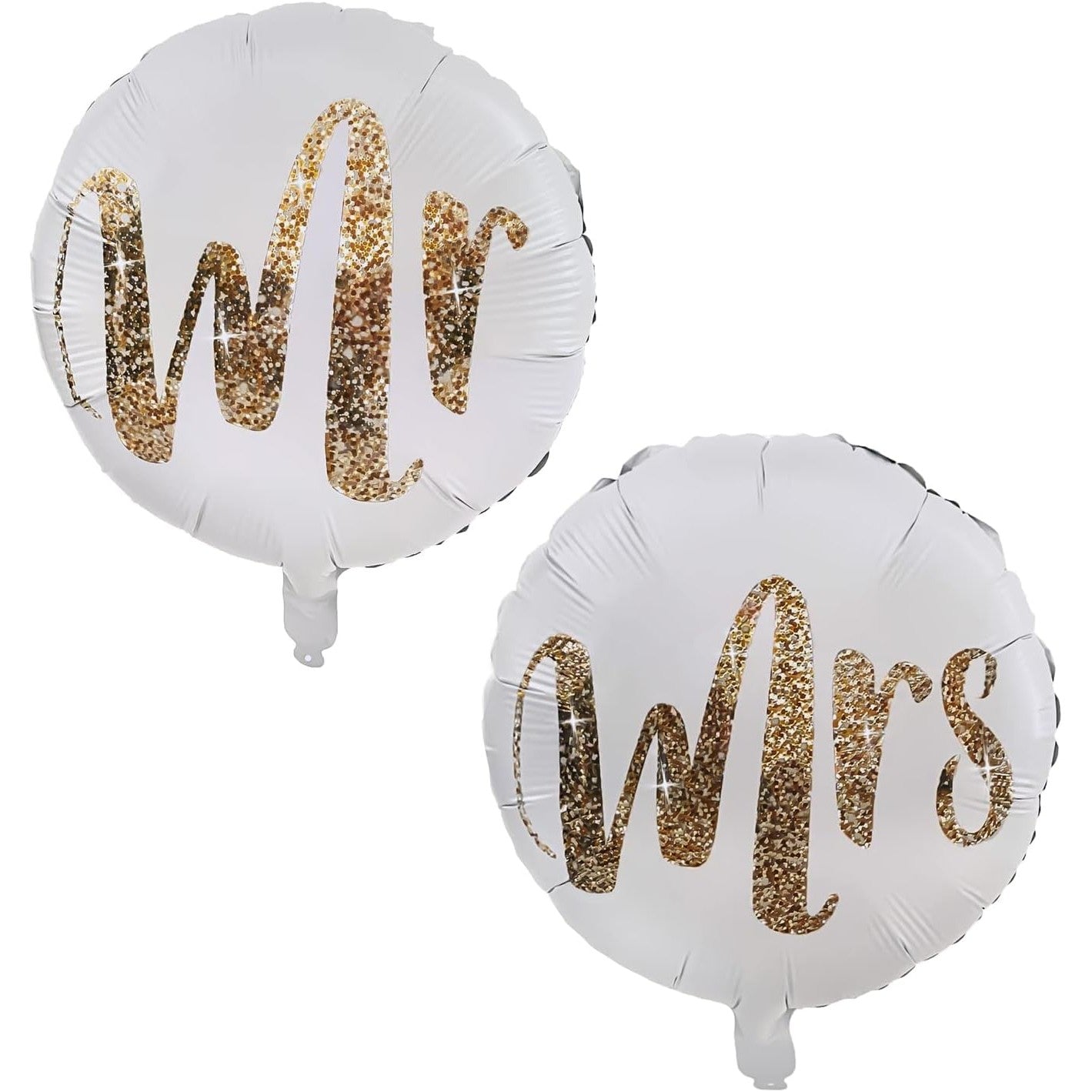 Set 12 Baloane din Folie Metalizata si din Latex, Model Mr Mrs, Tema Nunta, Baloane Party cu Confetti, 45 cm, 30 cm, Pai inclus, Umflare cu Aer sau Heliu, Alb/Auriu