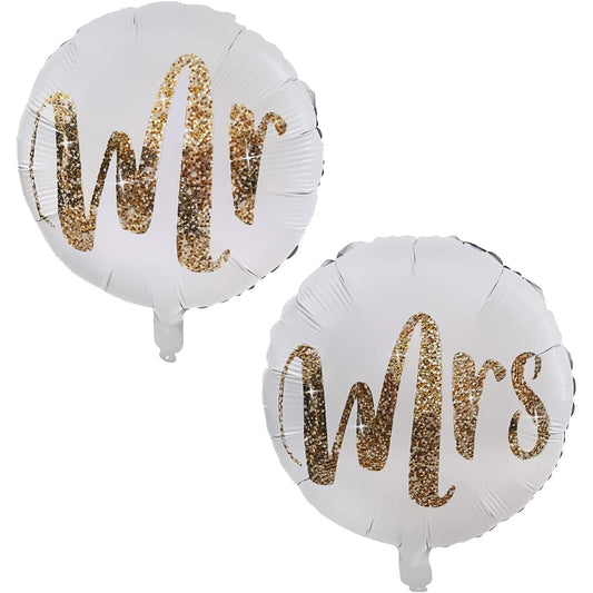 Set 12 Baloane din Folie Metalizata si din Latex, Model Mr Mrs, Tema Nunta, Baloane Party cu Confetti, 45 cm, 30 cm, Pai inclus, Umflare cu Aer sau Heliu, Alb/Auriu