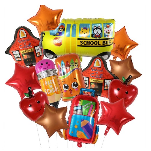 Baloane decorative Back to School, Set MIX 12 baloane, Autobuz Mere Stele Rechizite, din folie de aluminiu, 40 x 80 cm, Adeziv si pai inclus, Rosu Multicolor