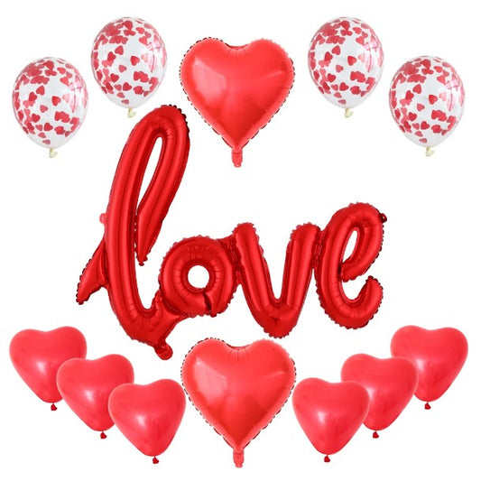 Set 13 Baloane din Folie Metalizata si din Latex, Figurine Litere si Inima, Model Love, Tema Ziua Indragostitilor, Baloane Party cu Confetti, 102x65cm, 45 cm, 30 cm, Pai Inclus, Umflare cu Aer sau Heliu, Rosu