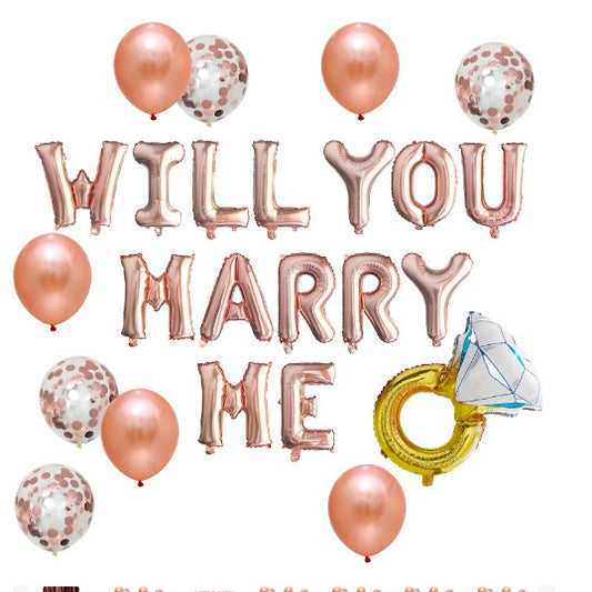 Set baloane decorative WILL YOU MARRY ME, set din 12 piese, 10 baloane latex, 1 set Marry me, 1 balon folie inel, Rose Gold