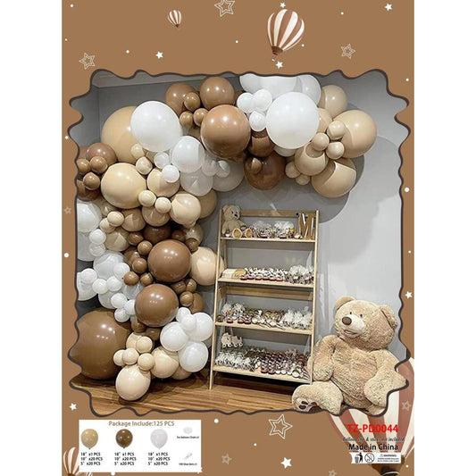 Baloane din Latex pentru Arcada, Set Mix din 125 baloane, Model Petrecere pentru Arcada, Baloane Party, 12 cm, 25 cm, 45 cm, Pai si Adeziv inclus in pachet, Maro, Alb, Bej