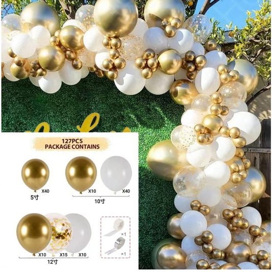 Baloane pentru Arcada decorativa, Set 127 baloane din Latex, Model Petrecere pentru Arcada, Baloane Party, 12 cm, 25 cm, 30 cm, Alb Gold