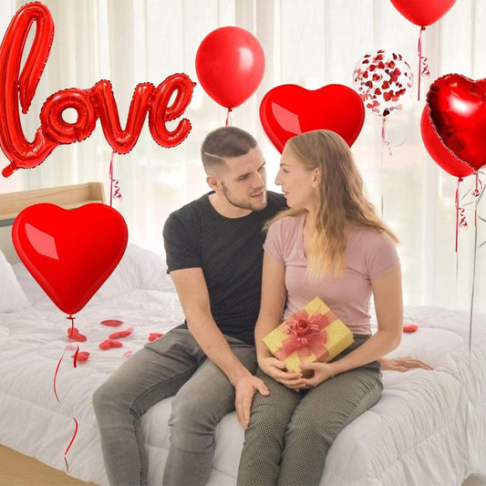 Set 13 Baloane din Folie Metalizata si din Latex, Figurine Litere si Inima, Model Love, Tema Ziua Indragostitilor, Baloane Party cu Confetti, 102x65cm, 45 cm, 30 cm, Pai Inclus, Umflare cu Aer sau Heliu, Rosu