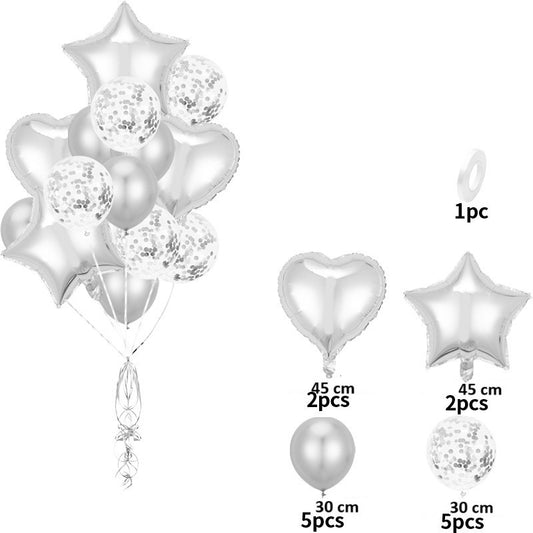 Set 14 Baloane din Folie Metalizată si din Latex, Figurine Stea si Inima 45 cm, Baloane Latex 30 cm, Tema Buchet, Ambalaj Individual, Pai Inclus, Umflare cu Aer sau Heliu, Argintiu