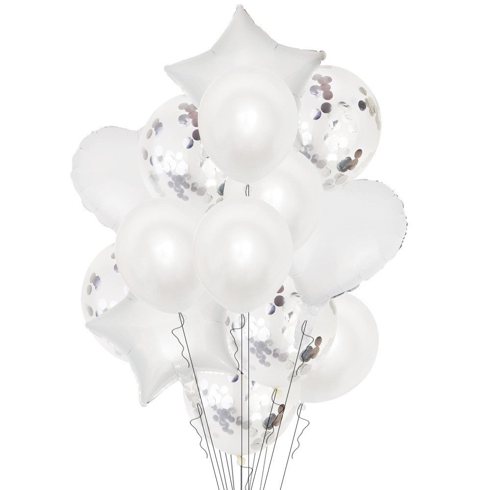 Set 14 Baloane din Folie Metalizată si din Latex, Figurine Stea si Inima 45 cm, Baloane Latex 30 cm, Tema Buchet, Ambalaj Individual, Pai Inclus, Umflare cu Aer sau Heliu, Argintiu