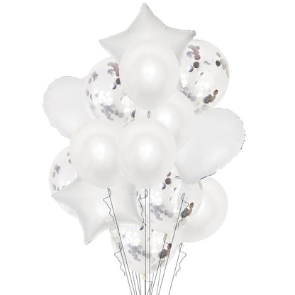 Set 14 Baloane din Folie Metalizată si din Latex, Figurine Stea si Inima 45 cm, Baloane Latex 30 cm, Tema Buchet, Ambalaj Individual, Pai Inclus, Umflare cu Aer sau Heliu, Argintiu