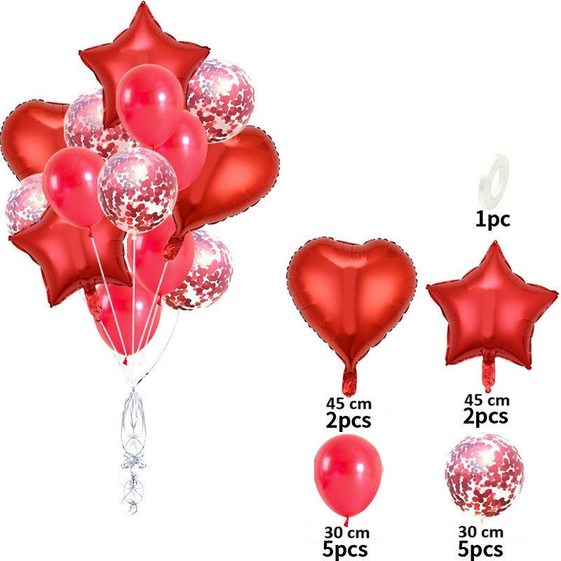 Set 14 Baloane din Folie Metalizată si din Latex, Figurine Stea si Inima 45 cm, Baloane Latex 30 cm, Tema Buchet, Ambalaj Individual, Pai Inclus, Umflare cu Aer sau Heliu, Rosu