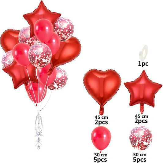 Set 14 Baloane din Folie Metalizată si din Latex, Figurine Stea si Inima 45 cm, Baloane Latex 30 cm, Tema Buchet, Ambalaj Individual, Pai Inclus, Umflare cu Aer sau Heliu, Rosu