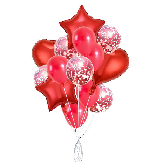 Set 14 Baloane din Folie Metalizată si din Latex, Figurine Stea si Inima 45 cm, Baloane Latex 30 cm, Tema Buchet, Ambalaj Individual, Pai Inclus, Umflare cu Aer sau Heliu, Rosu