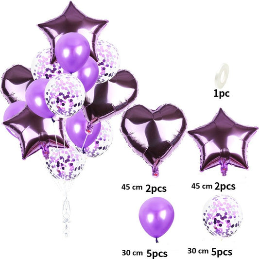 Set 14 Baloane din Folie Metalizată si din Latex, Figurine Stea si Inima 45 cm, Baloane Latex 30 cm, Tema Buchet, Ambalaj Individual, Pai Inclus, Umflare cu Aer sau Heliu, Mov