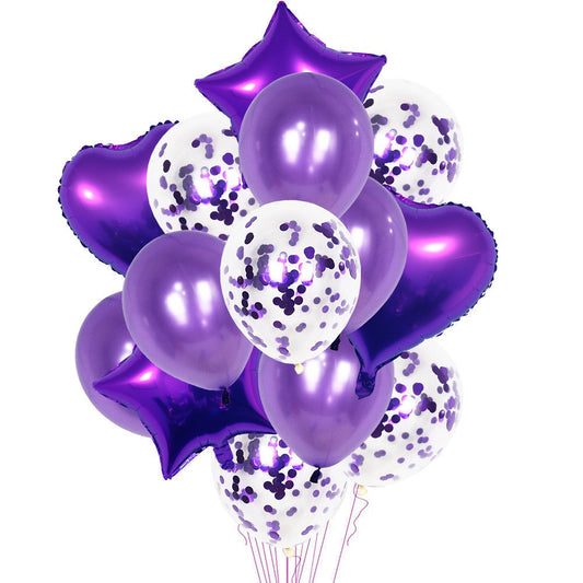Set 14 Baloane din Folie Metalizată si din Latex, Figurine Stea si Inima 45 cm, Baloane Latex 30 cm, Tema Buchet, Ambalaj Individual, Pai Inclus, Umflare cu Aer sau Heliu, Mov