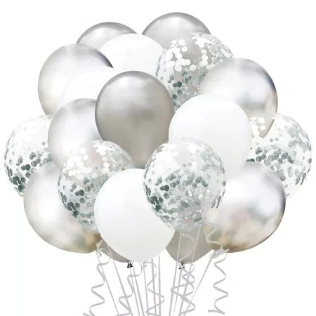 Set 15 baloane pentru petrecere, alb/argintiu, 30 cm