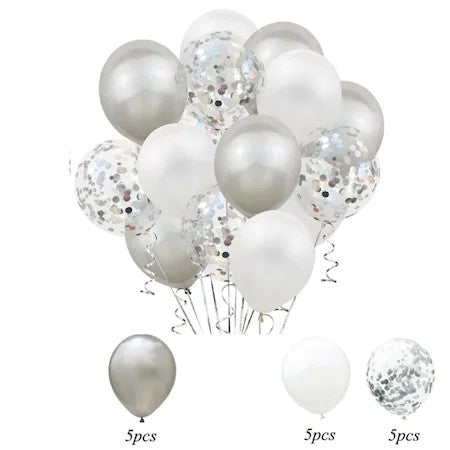 Set 15 baloane pentru petrecere, alb/argintiu, 30 cm