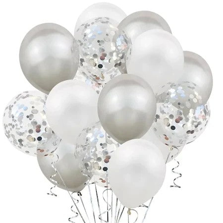Set 15 baloane pentru petrecere, alb/argintiu, 30 cm