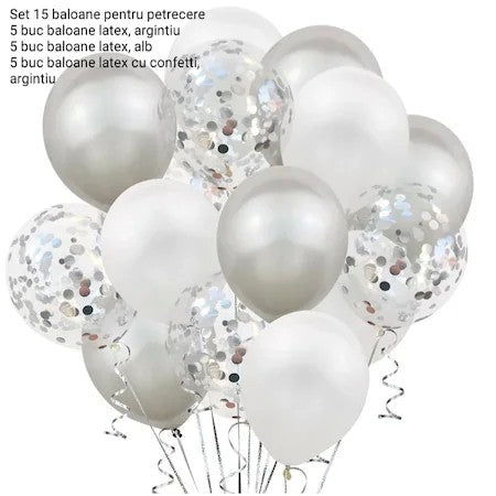 Set 15 baloane pentru petrecere, alb/argintiu, 30 cm