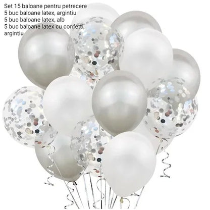 Set 15 baloane pentru petrecere, alb/argintiu, 30 cm