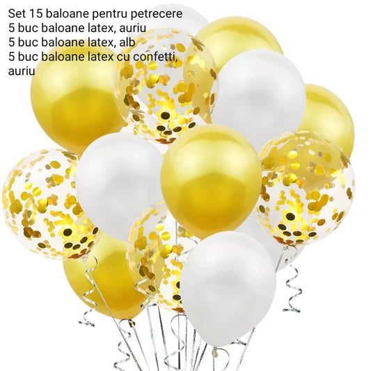 Set 15 baloane pentru petrecere, alb/auriu, 30 cm
