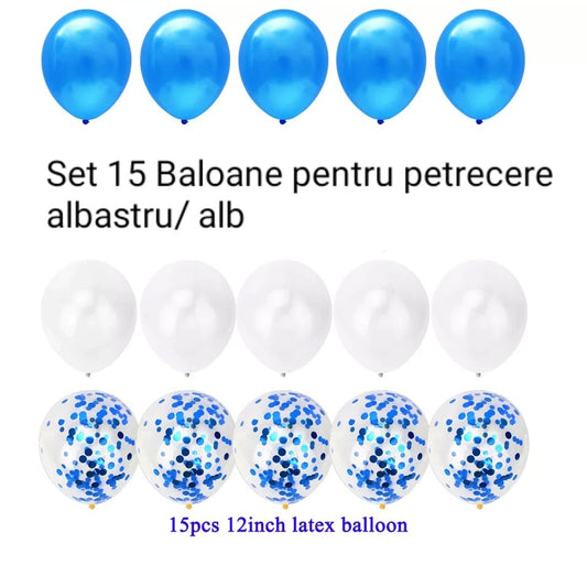Set 15 baloane pentru petrecere, albastru/ alb, 30 cm