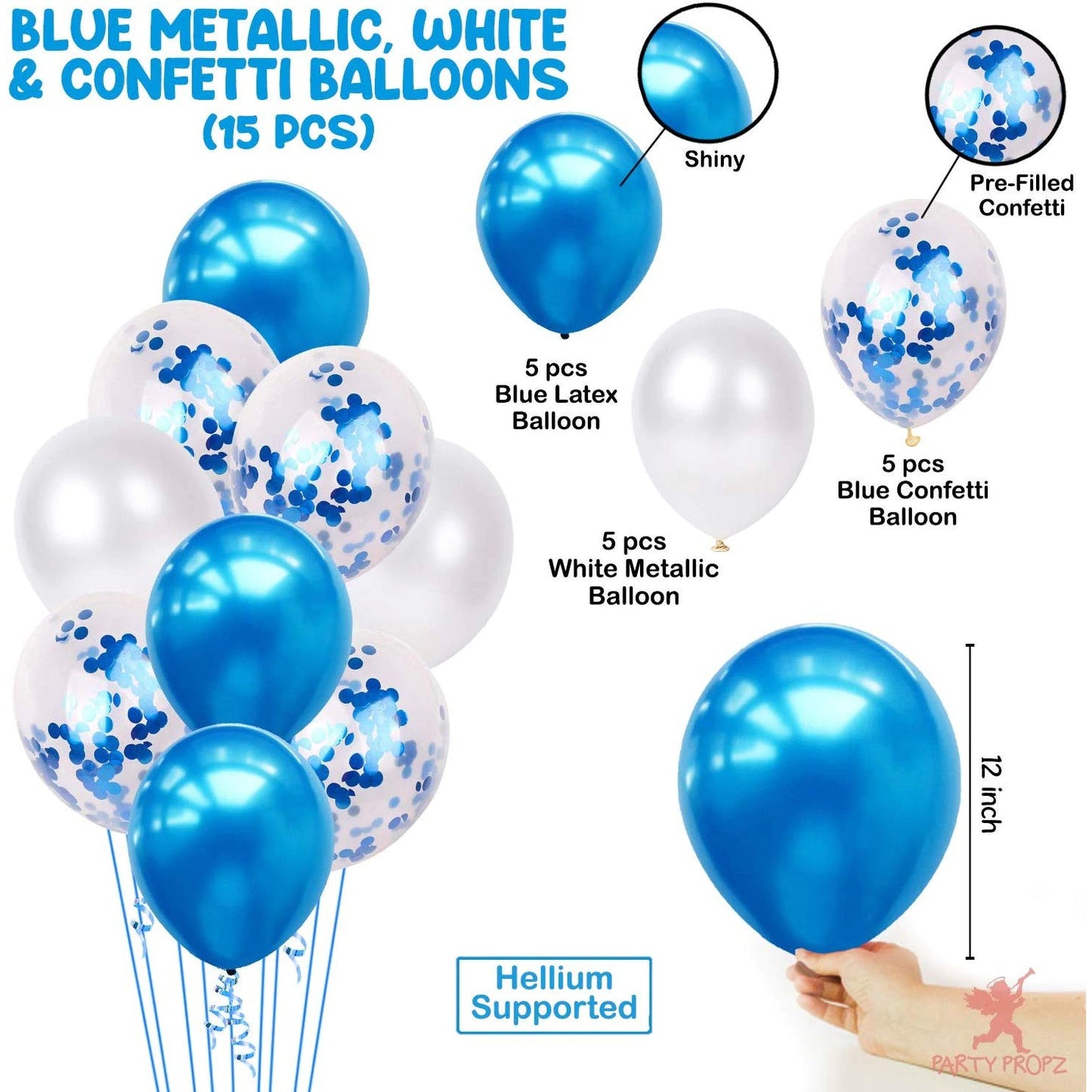 Set 15 baloane pentru petrecere, albastru/ alb, 30 cm