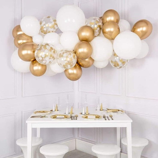 Set 16 Baloane din Latex, Model Party, 30 cm, Alb, Auriu, Transparent Confetti, 2.8 g