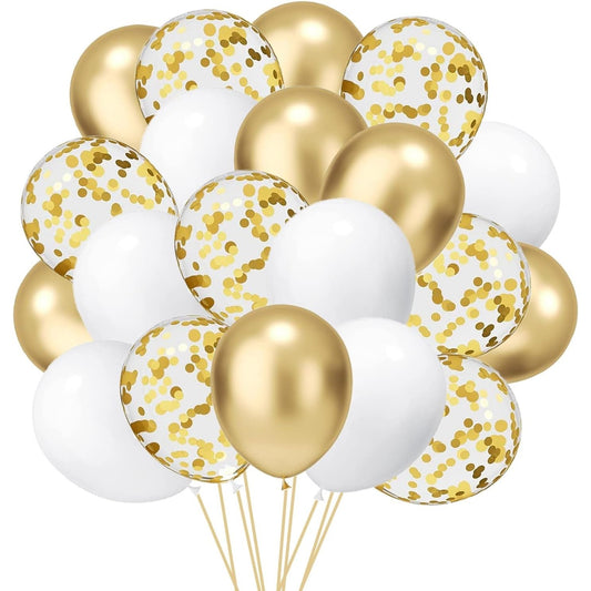 Set 16 Baloane din Latex, Model Party, 30 cm, Alb, Auriu, Transparent Confetti, 2.8 g