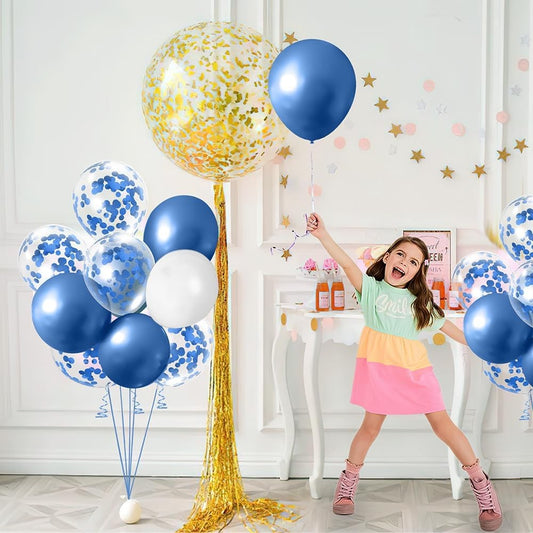 Set 16 Baloane din Latex Metalizate, Model Party, 30 cm, Alb, Albastru, Albastru Chrome, Transparent Confetti 2.8 g