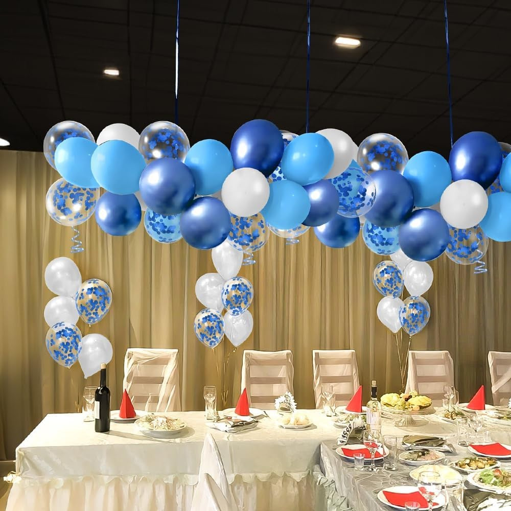 Set 16 Baloane din Latex Metalizate, Model Party, 30 cm, Alb, Albastru, Albastru Chrome, Transparent Confetti 2.8 g
