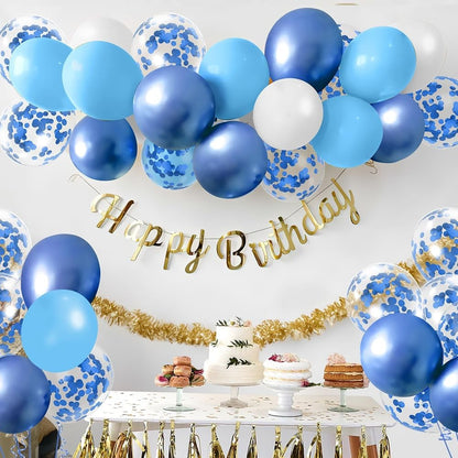 Set 16 Baloane din Latex Metalizate, Model Party, 30 cm, Alb, Albastru, Albastru Chrome, Transparent Confetti 2.8 g