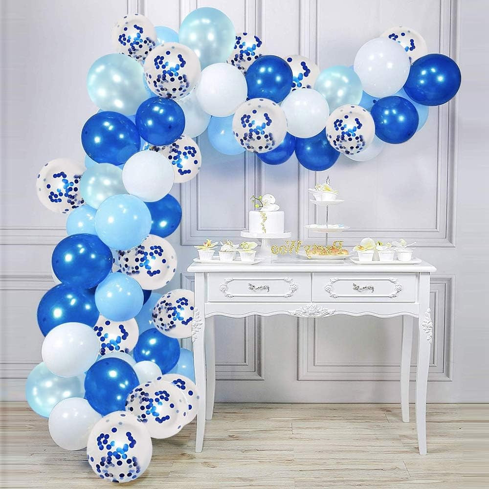 Set 16 Baloane din Latex Metalizate, Model Party, 30 cm, Alb, Albastru, Albastru Chrome, Transparent Confetti 2.8 g