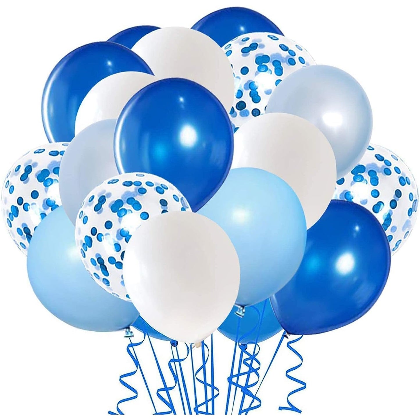 Set 16 Baloane din Latex Metalizate, Model Party, 30 cm, Alb, Albastru, Albastru Chrome, Transparent Confetti 2.8 g