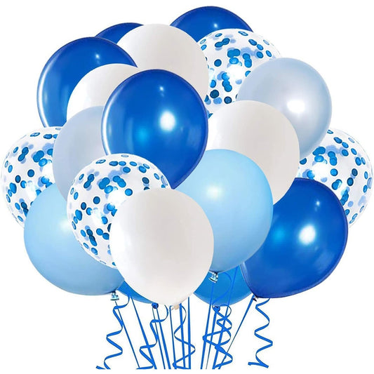 Set 16 Baloane din Latex Metalizate, Model Party, 30 cm, Alb, Albastru, Albastru Chrome, Transparent Confetti 2.8 g