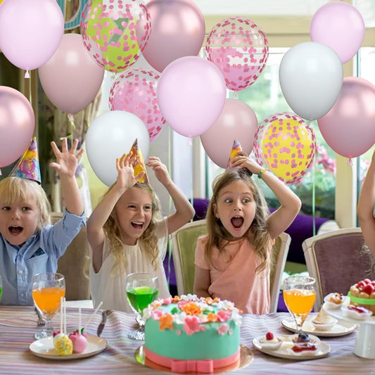Set 16 Baloane din Latex Metalizate, Model Party, 30 cm, Alb, Roz, Roz Chrome, Transparent Confetti 2.8 g