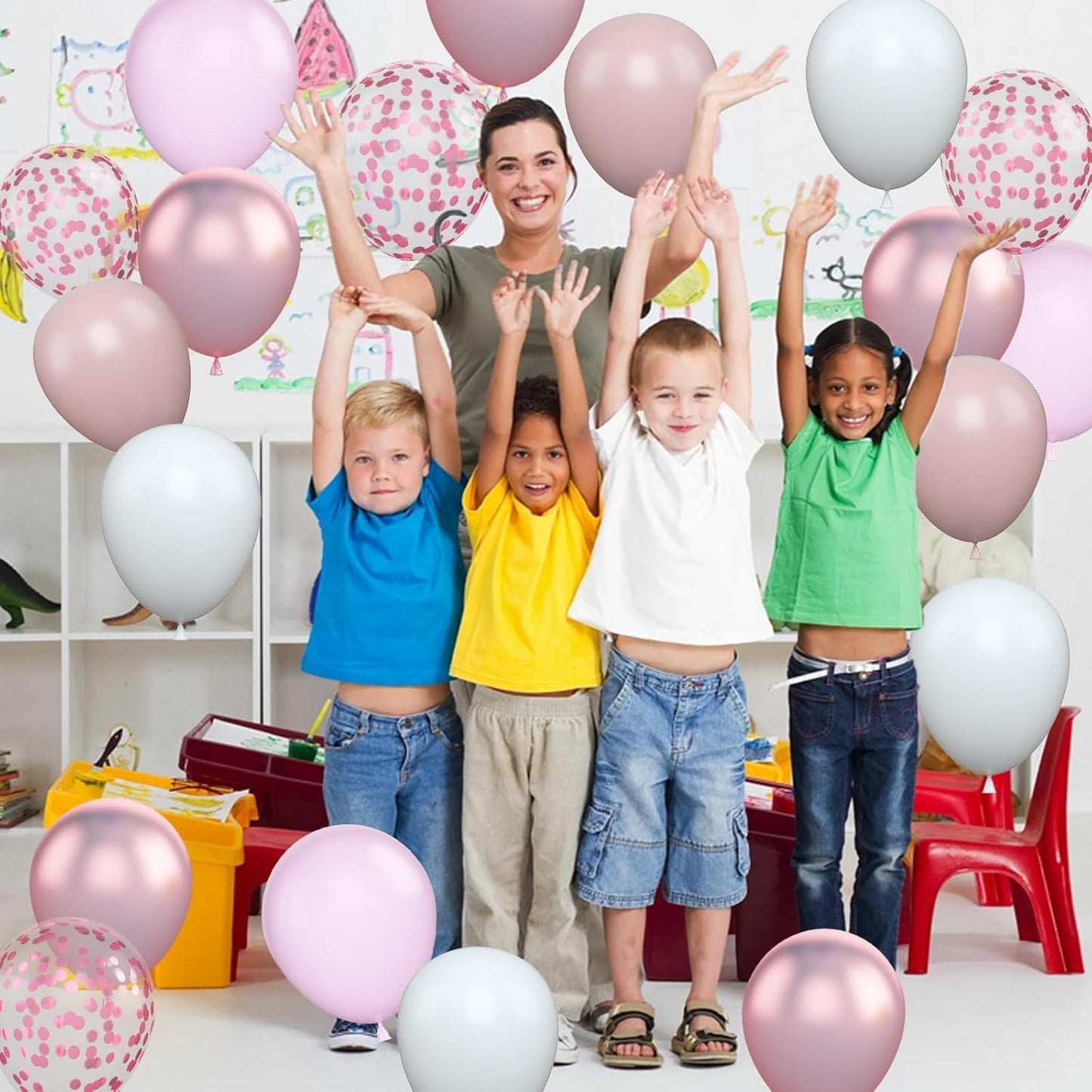 Set 16 Baloane din Latex Metalizate, Model Party, 30 cm, Alb, Roz, Roz Chrome, Transparent Confetti 2.8 g