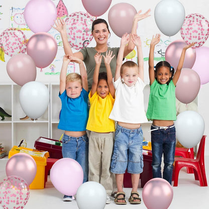 Set 16 Baloane din Latex Metalizate, Model Party, 30 cm, Alb, Roz, Roz Chrome, Transparent Confetti 2.8 g