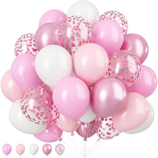 Set 16 Baloane din Latex Metalizate, Model Party, 30 cm, Alb, Roz, Roz Chrome, Transparent Confetti 2.8 g