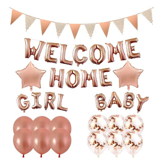 Set baloane folie si latex, WELCOME HOME, 16 piese, 12 baloane latex, 2 baloane folie, 1 set Welcome Home Baby Girl,1 Banner, Rose gold
