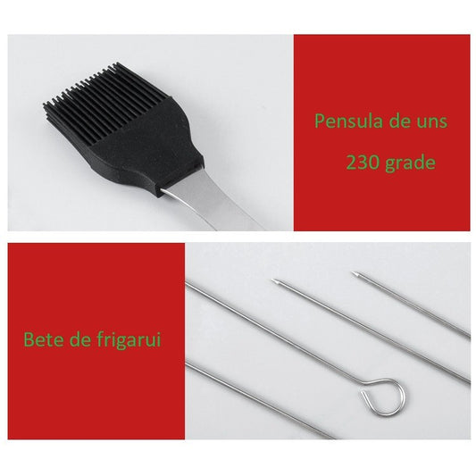 Set 16 Ustensile pentru Gratar, din Otel Inoxidabil, Geanta Oxford, Argintiu