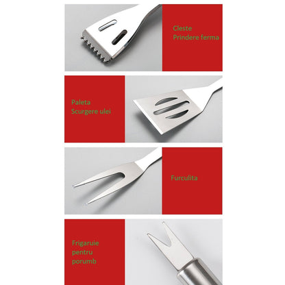 Set 16 Ustensile pentru Gratar, din Otel Inoxidabil, Geanta Oxford, Argintiu