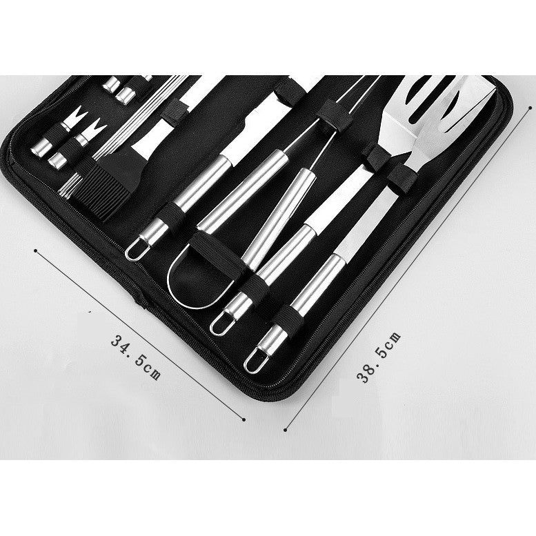 Set 16 Ustensile pentru Gratar, din Otel Inoxidabil, Geanta Oxford, Argintiu