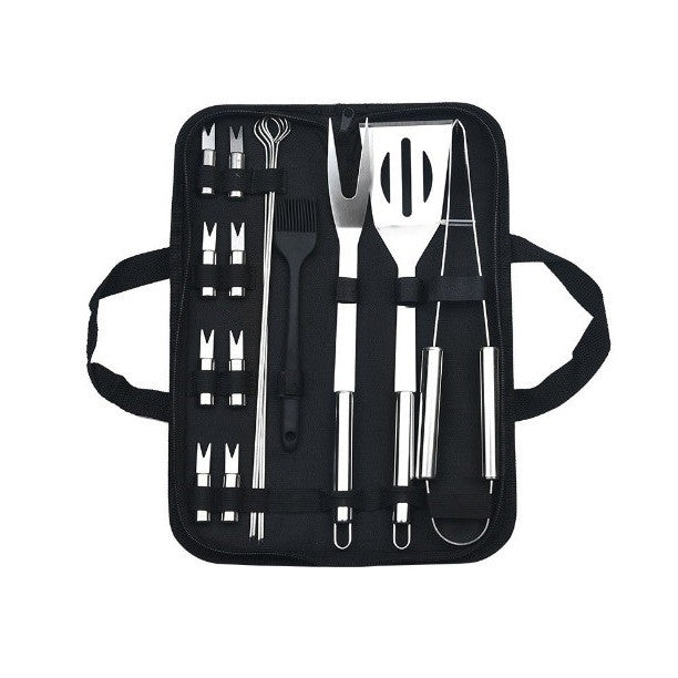 Set 16 Ustensile pentru Gratar, din Otel Inoxidabil, Geanta Oxford, Argintiu