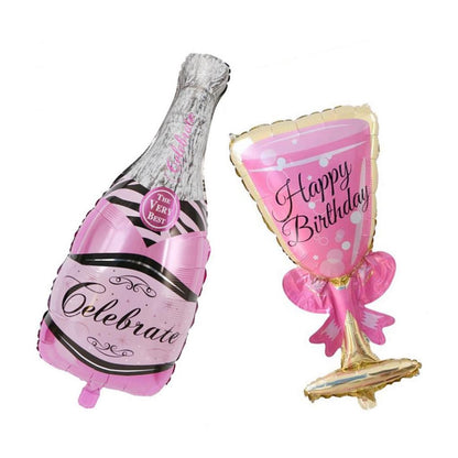 Set 2 Baloane din Folie Metalizata, tematica Aniversare HAPPY BIRTHDAY, Figurine Model Sticla de Sampanie 50 x 108 cm si Pahar 48 x 93 cm, Roz